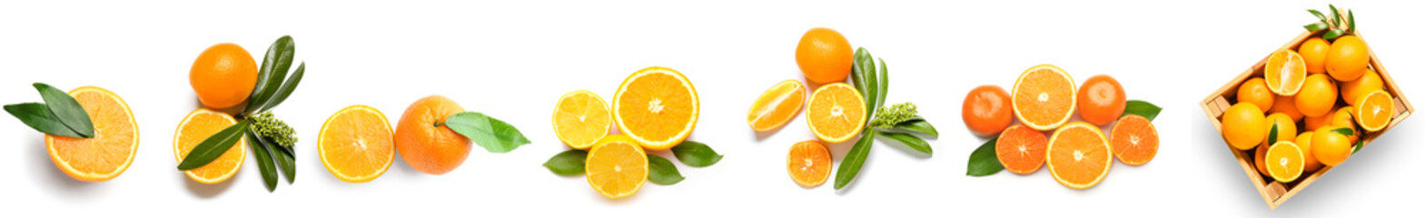 Set of sweet ripe oranges and tangerines isolated on white