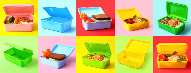 Collage of lunch boxes with healthy food on color background