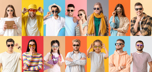 Collection of different people in stylish sunglasses on color background