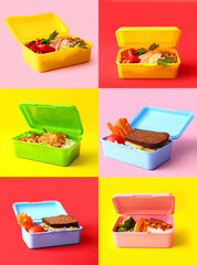 Group of lunch boxes with healthy food on color background
