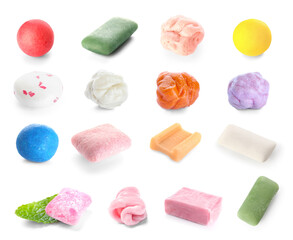 Set of different chewing gums isolated on white