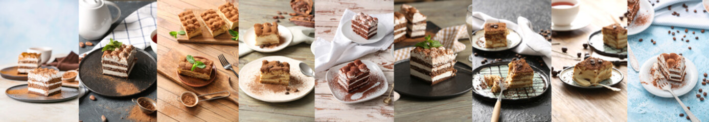 Collage with tasty tiramisu dessert