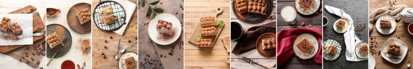 Collage with tasty tiramisu dessert