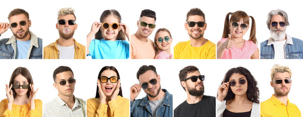 Group of different people in stylish sunglasses on white background