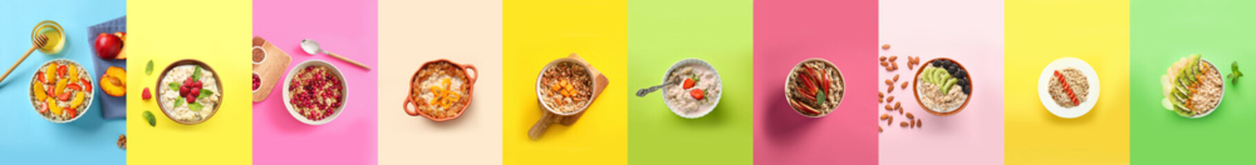 Collection of bowls with tasty oatmeal on color background, top view