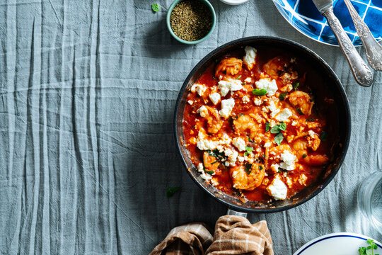 Baked tomato shrimp stew with feta cheese