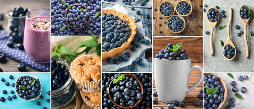 Collage of fresh blueberries with smoothie and sweet desserts
