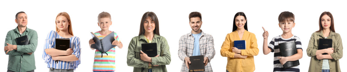 Set of people with Bible on white background
