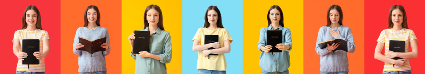 Set of young woman with Bible on color background
