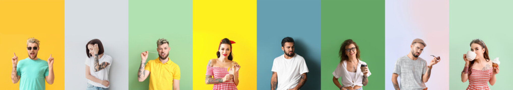 Set of different tattooed people on colorful background
