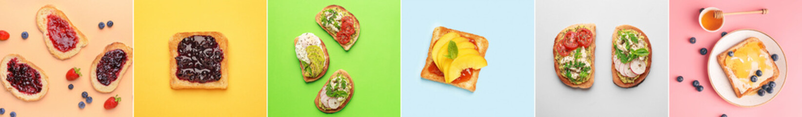Collage of tasty sandwiches with jams, butter, honey, vegetables and cheese on color background, top view