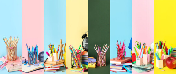 Collage with school stationery on colorful background