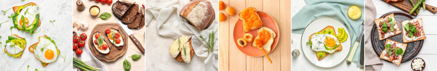 Set of tasty toasts with bacon, cheese, eggs, vegetables and jam on light background, top view - obrazy, fototapety, plakaty