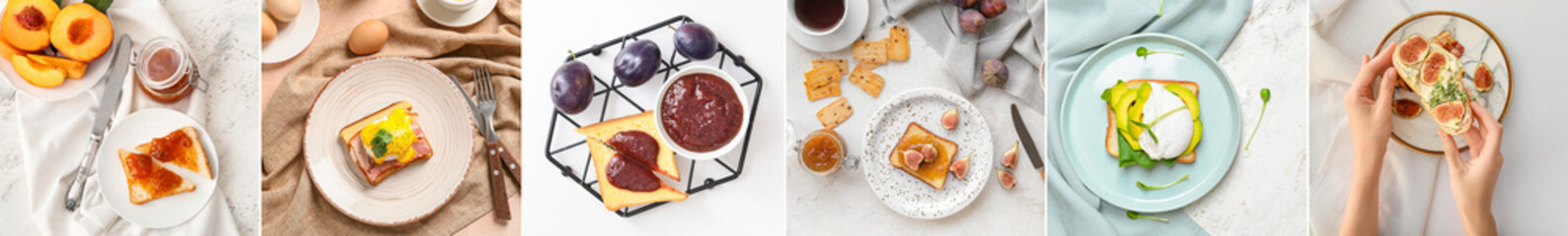 Set of tasty toasts with jam, cheese, eggs, avocado and fruits on light background, top view
