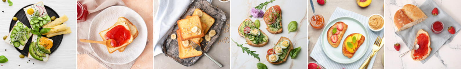 Set of tasty toasts with jams, fruits, cheese, eggs and vegetables on light background, top view