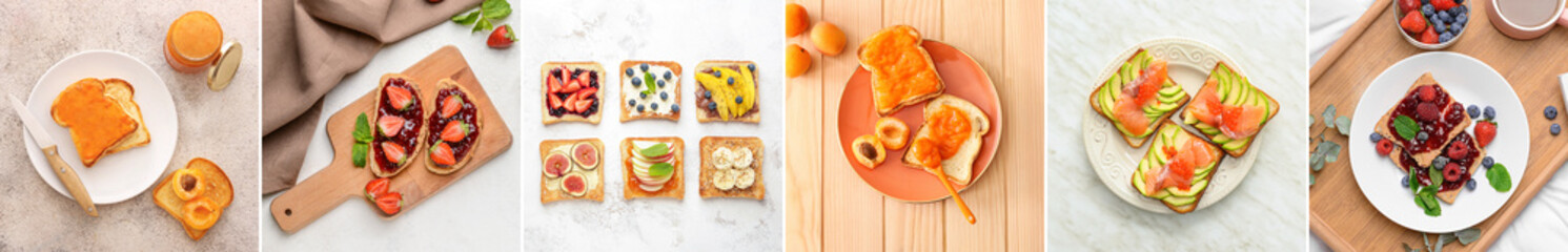 Set of tasty toasts with seafood, avocado, jams and fruits on light background, top view