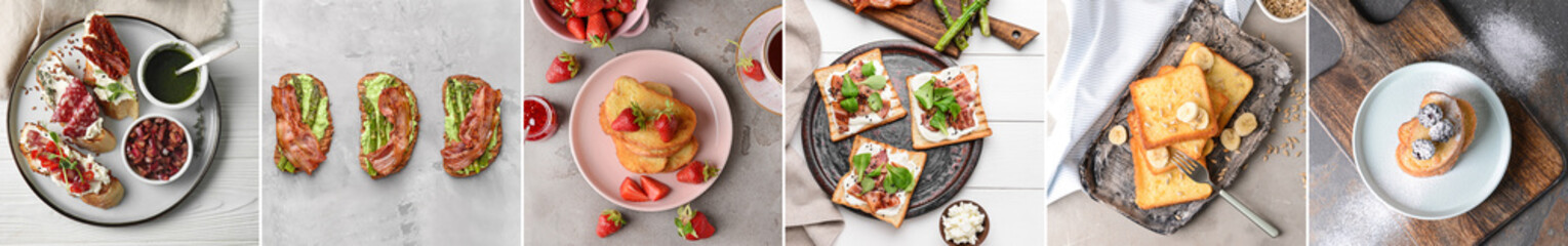 Set of tasty toasts with meat, cheese, jam and fruits on light background, top view
