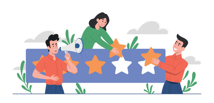Customer reviews concept. Men and girls give stars to product and application. Feedback and opinions of users, modern marketing on Internet, rating and ranking. Cartoon flat vector illustration