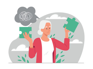 Concept of disorientation. Elderly woman lost, health problems and age related diseases. Dementia and memory loss, dysorentation and Alzheimers, mental illness. Cartoon flat vector illustration