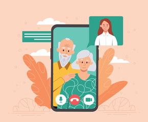 Family in smartphone. Girl communicates remotely with her grandfather and grandmother. Video call from daughter and parents. Modern technologies and digital world. Cartoon flat vector illustration