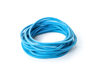Stack of blue rubber bands isolated on white background