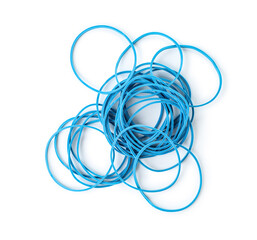 Heap of blue rubber bands isolated on white background