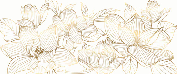 Golden floral line art vector background. Luxury watercolor wallpaper with white flowers, leaves and branch in hand drawn. Elegant botanical design for banner, invitation, packaging, wall art.