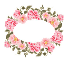 Pastel pink flower frame illustration with roses, green leaf branches for wedding stationary, greeting card decoration, feminine and beauty element isolated on white background