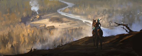 Aboriginal people on horseback watching the intruder in the distance, 3D illustration.