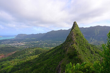 Olomana Peak in Kailua, Waimanalo standing tall on the windward side of Oahu island in Hawaii