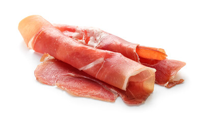 Rolled slices of jamon on white background