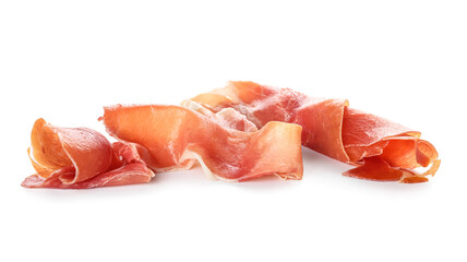 Slices of delicious jamon isolated on white background