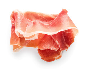 Slices of tasty jamon on white background