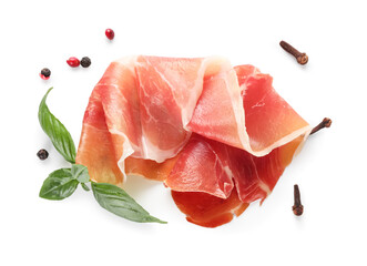 Delicious jamon with spices on white background