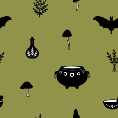 Doodle mystery witchcraft seamless pattern. Vector background with magical mystic design elements:herb,mushroom,bat,cauldron,bowl,potion bottle.