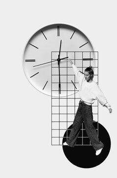 Collage with young woman and wall clock
