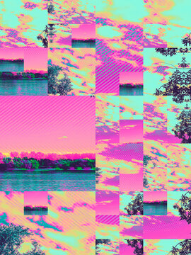 Surreal, iridescent mosaic, collage, pixel glitch background