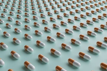 White and orange pills arranged in rows on a blue background.