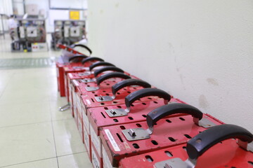 Lock box and switch gear room background ,Lockout Tagout , Electrical safety system.Key lock switch or circuit breaker for safety protect.in electric room