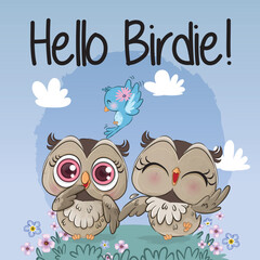 Obraz premium Cute little lovely owl with blue bird illustration- Illustration of background 