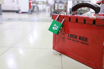 Lock box and switch gear room background ,Lockout Tagout , Electrical safety system.Key lock switch or circuit breaker for safety protect.in electric room - 522166615
