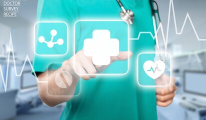 Medicine doctor hold icon health and electronic medical record on interface. Digital healthcare and network connection on virtual screen, medical technology and network concept.