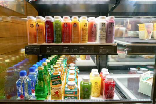 SEOUL, SOUTH KOREA - CIRCA JUNE, 2017: close up shot of ottle beverages at Starbucks in Seoul. Starbucks Corporation is an American coffee company and coffeehouse chain.