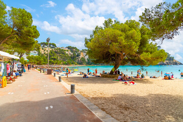 The Cala Galdana sandy beach near Serpentona, Spain, along the Mediterranean coast of the island of Menorca, Spain.