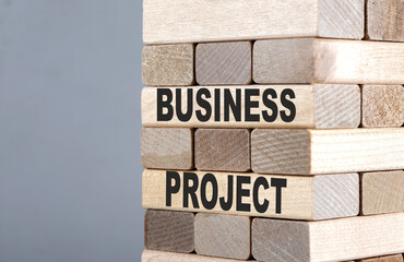 The text on the wooden blocks BUSINESS PROJECT