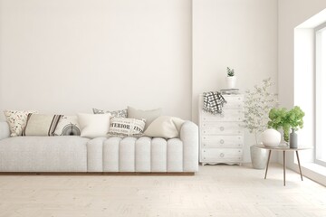 White living room with sofa. Scandinavian interior design. 3D illustration