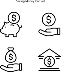 Money and finance icons, banking, bank saving. Funds transfer or donation, cashback, money bag, coins, saving money icons with outline style on white background.
