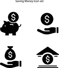 Money and finance icons, banking, bank saving. Funds transfer or donation, cashback, money bag, coins, saving money icons with glyph style on white background.