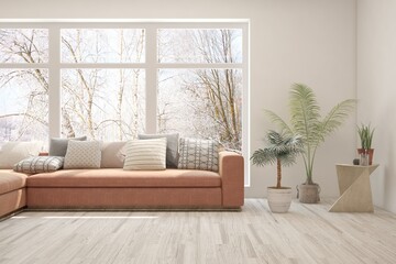 Fototapeta na wymiar White living room with sofa and winter landscape in window. Scandinavian interior design. 3D illustration