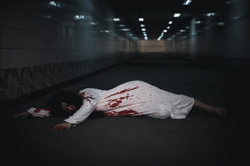 The girl was hit by a car and lying died on the road. full of blood left unattended, Horror...